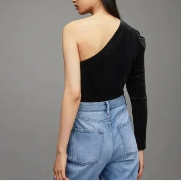 AllSaints Daphne Black Velvet One Shoulder Bodysuit Size 6